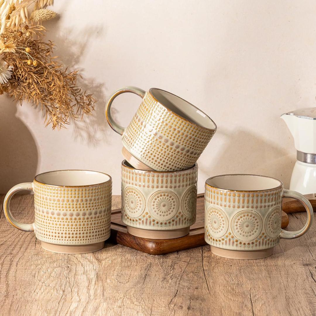 GBhome 16OZ Stackable Coffee Mugs, Ceramic Coffee Mugs with Texture Patterns for Man,Woman,Dad,Mom, Modern Coffee Mugs Set of 4 for Latte/Cappuccino/Cocoa. Dishwasher&Microwave Safe