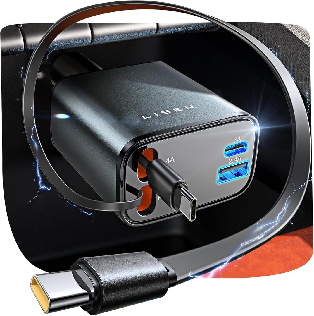 LISEN Retractable Car Charger USB C [Upgraded Dual Type C] 69W Fast 4 in 1 Car Charger for iPhone 17, Valentines Day Gifts for Him Her Men Women, Car Accessories for Galaxy S25 Phone 17 Pro Max 16 15 (Grey)
