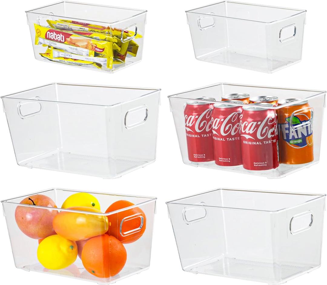 6pcs Plastic Storage Bin 2-Size Clear Storage Containers for Kitchen Pantry Organization and Storage Bins, Organizing Bins with Built in Handles, Cabinet Organizers, Clear (4 Medium+2 Small)