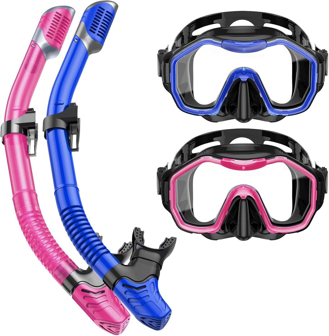 Snorkeling Gear for Adults, Dry-Top Snorkel Set, 180Panoramic Wide View Diving Mask Breathing Freely Snorkel Mask for Snorkeling Scuba Diving Swimming Travel (A17-Blue + Pink)