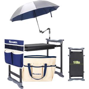 Garden Kneeler and Seat with Umbrella, 2-in-1 Foldable Gardening Stool with Adjustable Bracket, Detachable Tool Bags, Heavy Duty Kneeling Pad for Gardening (Beige Blue)
