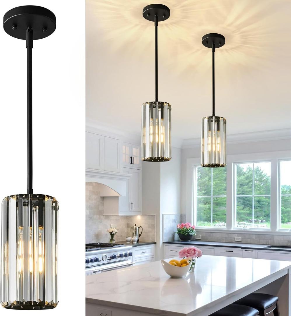 Black Pendant Lighting Modern Pendant Light Mini Crystal Chandeliers, Adjustable Pendant Light Fixture for Kitchen Island Dinning Room Corridor Bedroom (Black 2-Pack)