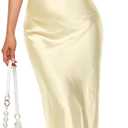 Women's Spaghetti Strap Midi Satin Silk Dresses Slip Cowl Neck Party Cocktail Evening Sexy Dress (Yellow, L)