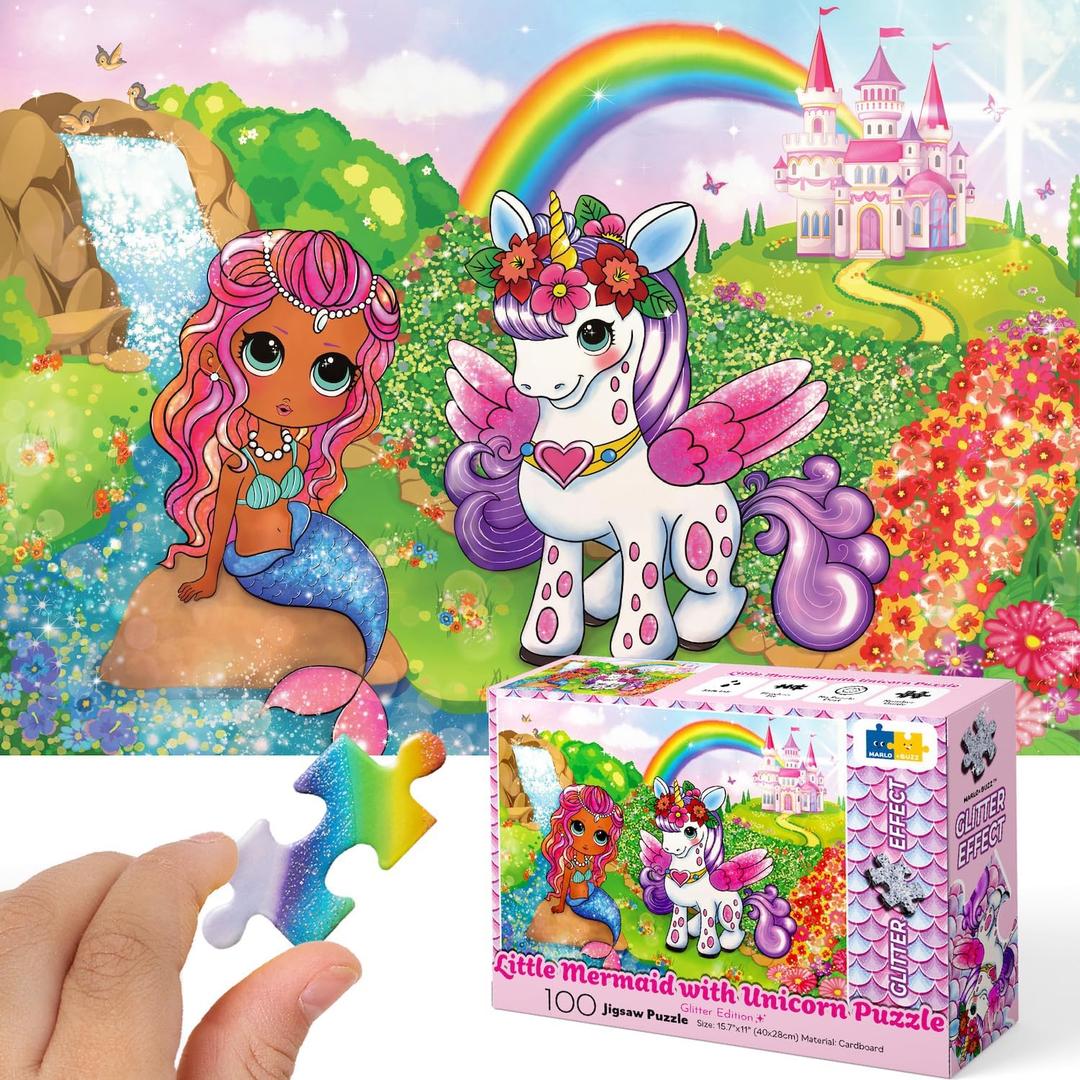Marlo&Buzz 100-Piece Glitter Jigsaw: Unicorn and Mermaid Princess Puzzles Designed for Kids Ages 4-8. Large Pieces for Little Hands, Easy Daily Fun, Ideal 5-10 Year Old Girls' Gift