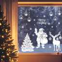 Mfault Merry Christmas Santa Claus White Window Clings 4 Sheets, Xmas Tree Reindeer Snowflake Ornament Ball Stickers Decals Decorations, Winter Holiday Gifts Home Kitchen Decor