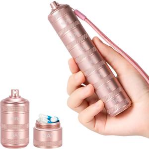 Portable Metal Pill Medicine Organizer - Waterproof Pill Case Compact Travel Pill Box Weekly Aluminum Alloy Container, 7 Day Daily Pill Organizer Holder for Small Pills, Pink S