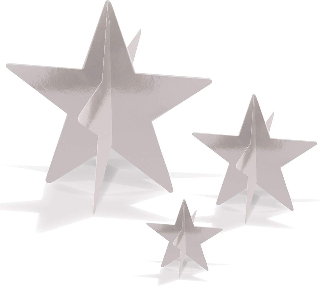 3 Pack Beistle 3-D Silver Foil Star Centerpieces