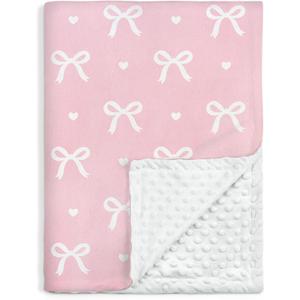 Bow Minky Baby Blanket 30 x 40 Inches for Girls, Soft Plush Receiving Blanket with Dotted Back, Gift for Toddler Newborn Infant Christmas Birthday Baby Shower