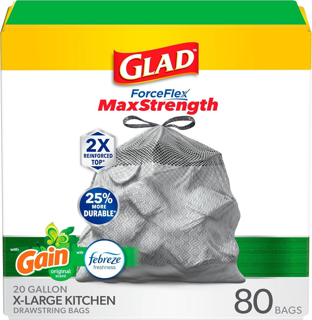 Glad ForceFlex MaxStrength Drawstring XL Kitchen Trash Bags, 20 Gal, Gain, 80 Ct