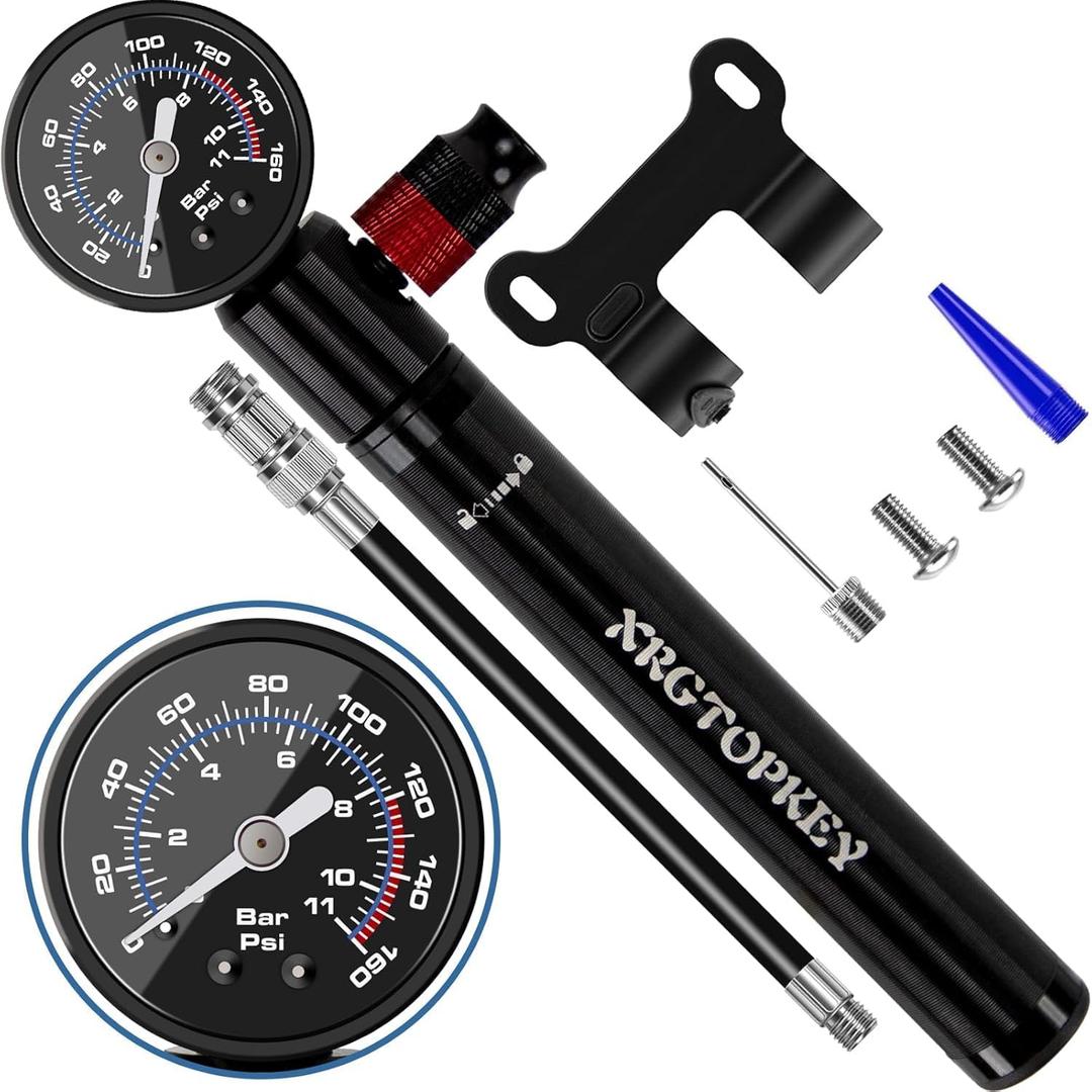 Bike Pump with Gauge, Mini Bike Pump 160 PSI with Pressure Gauge & Ergonomic Grip, Dual Valve Schrader Presta Inflator for Road and Mountain Bike Tires, Ball, Swimming Ring.