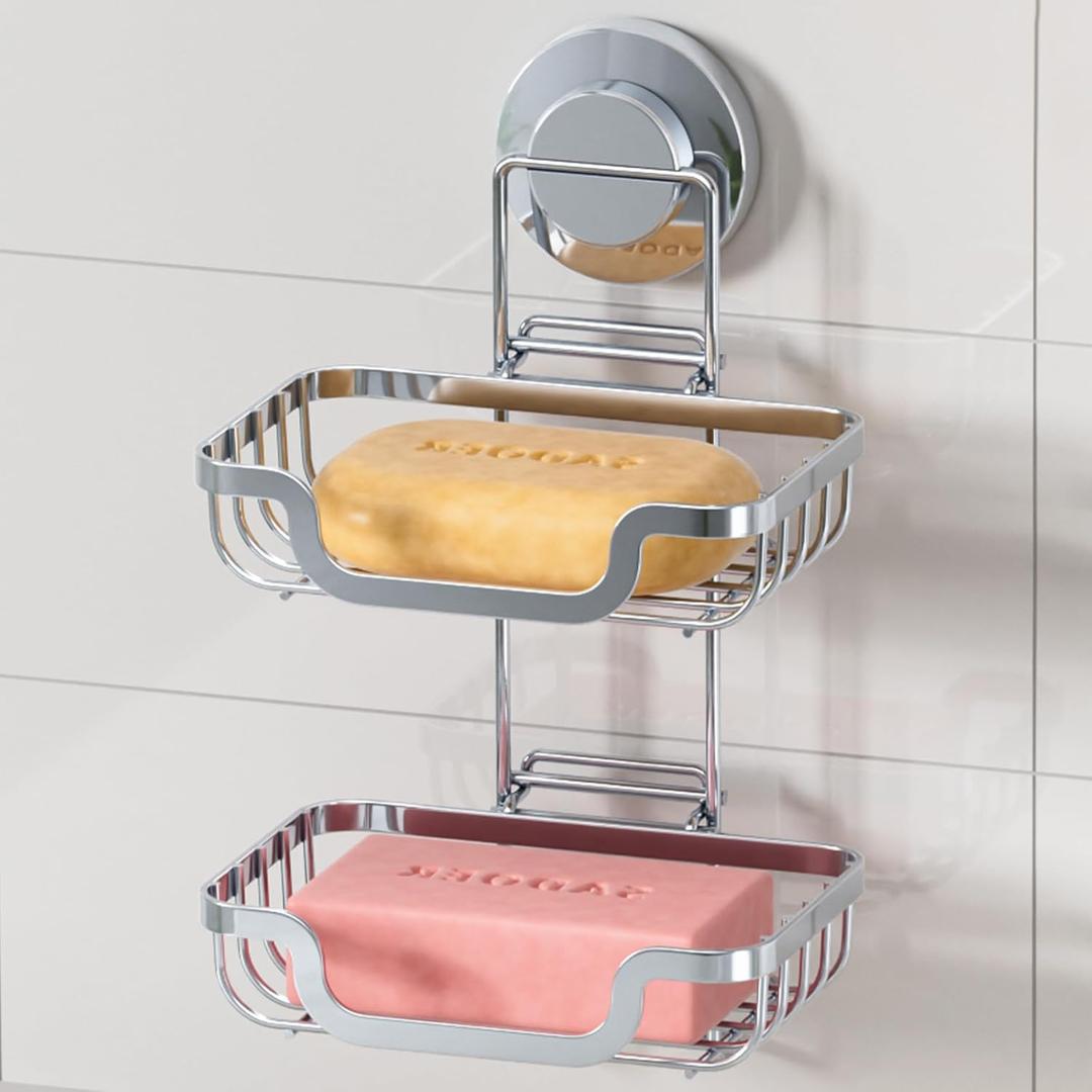 LEVERLOC Double Layer Soap Dish, Bar Soap Holder for Shower Wall, Vaccum Suction Cup Sponge Holder for Bathroom Tub Kitchen Sink, Stainless Steel, Waterproof, Removable, Silver (2 Tire)
