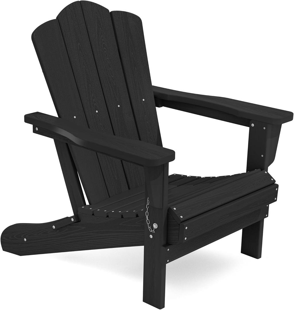 KINGYES Folding Adirondack Chair, HDPE All-Weather Patio Chairs, Wooden Textured Lawn Chair for Poolside, Backyard, Deck, Fire Pit, Black (1 Pack)