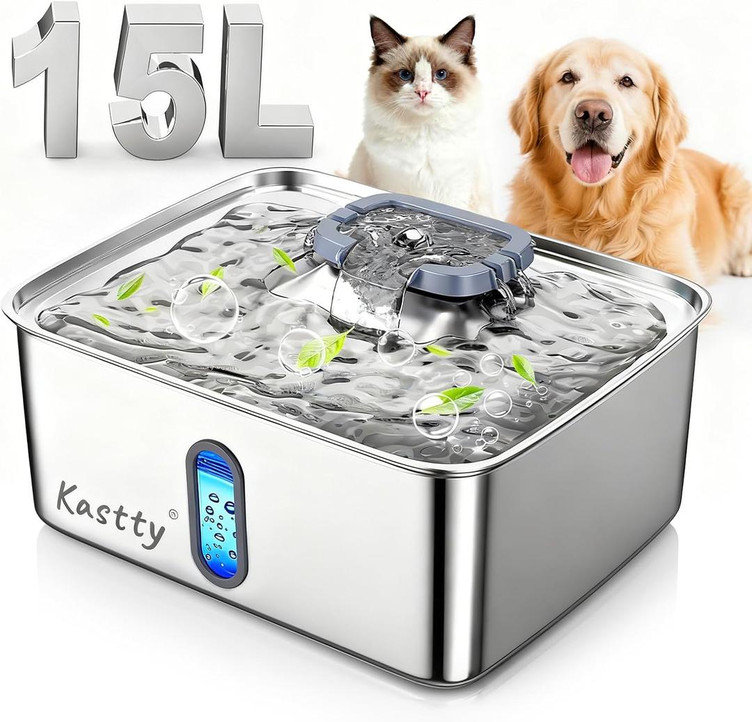 Kastty 3.96 Gal Dog Water Fountain for Large Dogs,15L Stainless Steel Large Pet Water Fountain, Ultra Quiet Automatic Dog Water Bowl Dispenser with Water Level Window and LED Light(FS78,Grey