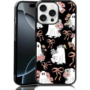 Coquette Floral Ghost Phone Case Fit for iPhone 16 Pro Max TPU Shockproof Designed Cute Bow Halloween Spooky Phone Cover Gift for Boy Girl Men Women