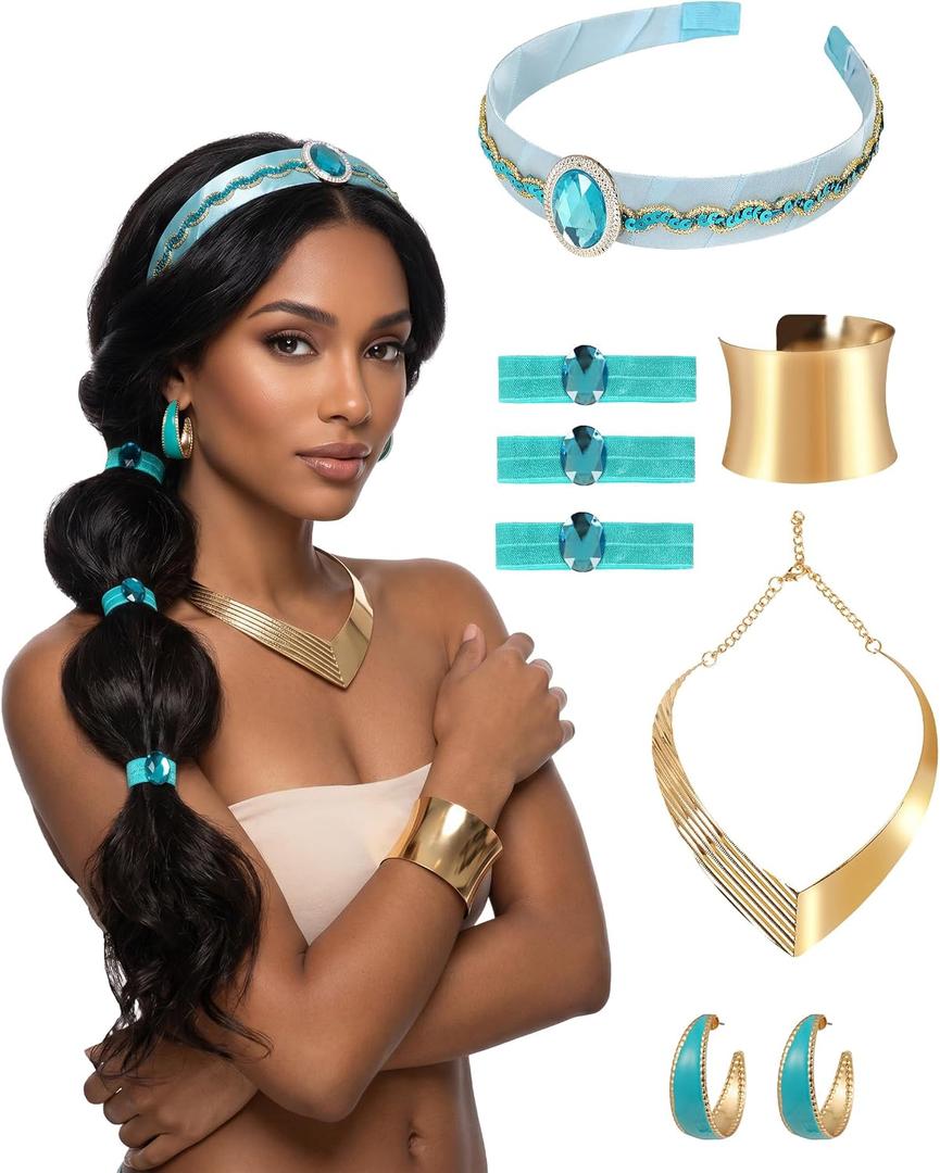 5 Piece Arabian Princess Accessory Set for Women, Exotic Gold and Teal Jewelry Kit for Halloween Cosplay