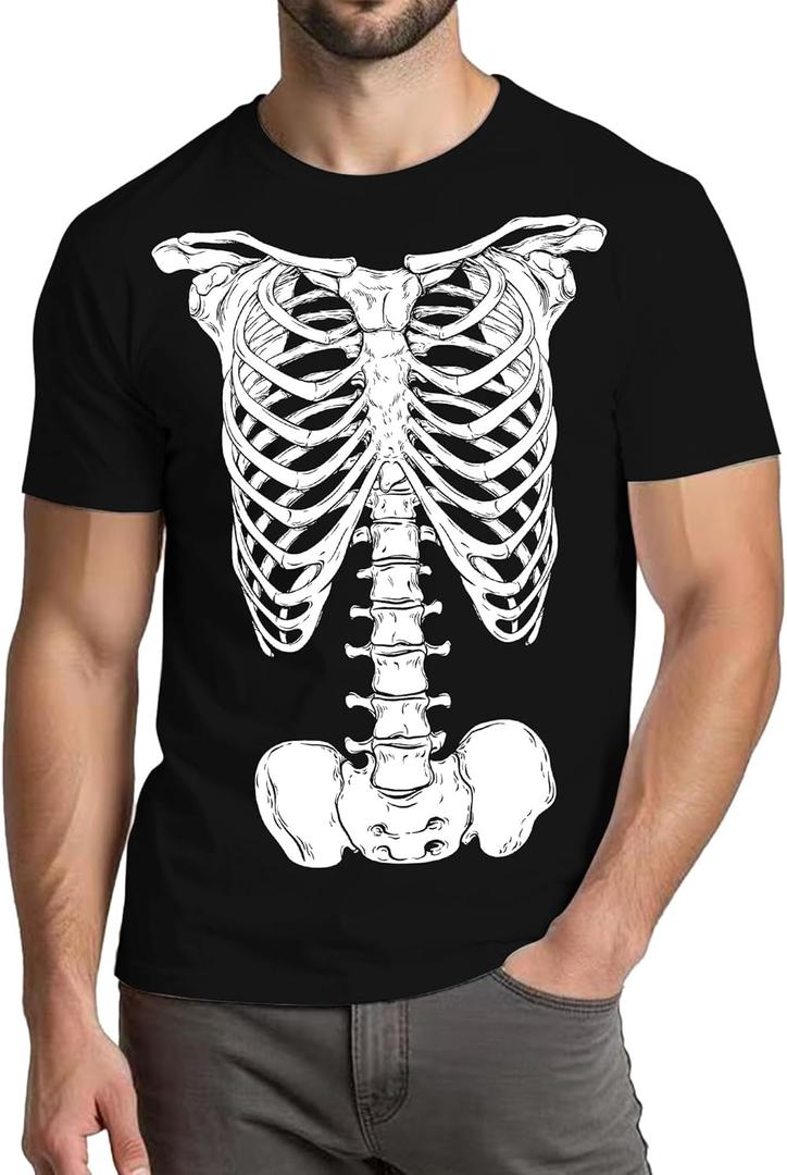 Halloween Shirts for Men:Giant Skeleton Chest Print Neck Crew Short Sleeve Fun Tee (Black, XL)