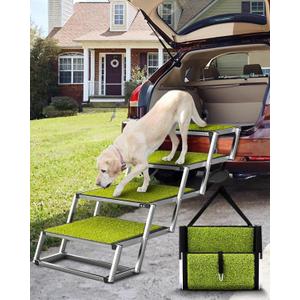 Foldable Dog Car Ramp for Large Dogs, 4 Steps Portable Large Dog Steps for Car Truck SUV High Bed, Aluminum Stairs with Grass Padded, Outdoor Ramp Stairs for Dogs Max Up to 200lbs