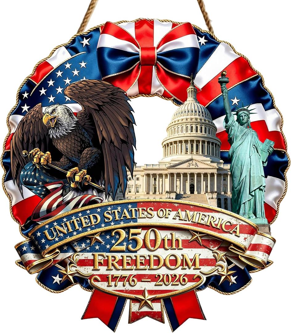 2 x 250th Anniversary Patriotic Wooden Door Sign, Double-Layer Front Door Decor, 1776-2026 American Independence Day Wreath with Statue of Liberty & Eagle, United States of America Red White Blue Decor for 4th of July Memorial Day (DOOR SIGN 2)