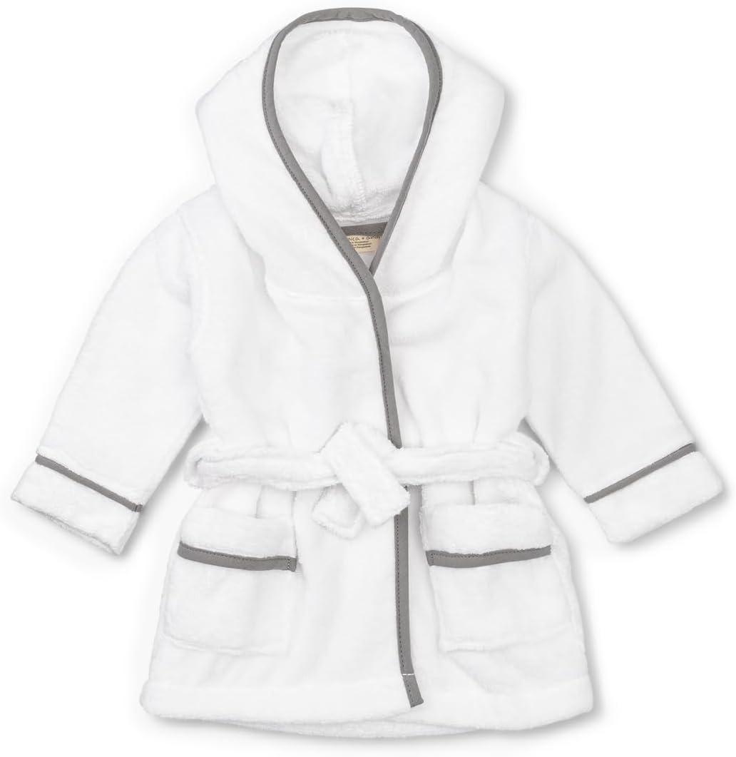 MONICA + ANDY Bathrobe, Terry Hooded Bathrobe, 100% Organic Clothes for Girls & Boys, Sizes For Kids, Toddler & Infant (12-18 Months, White + Grey)