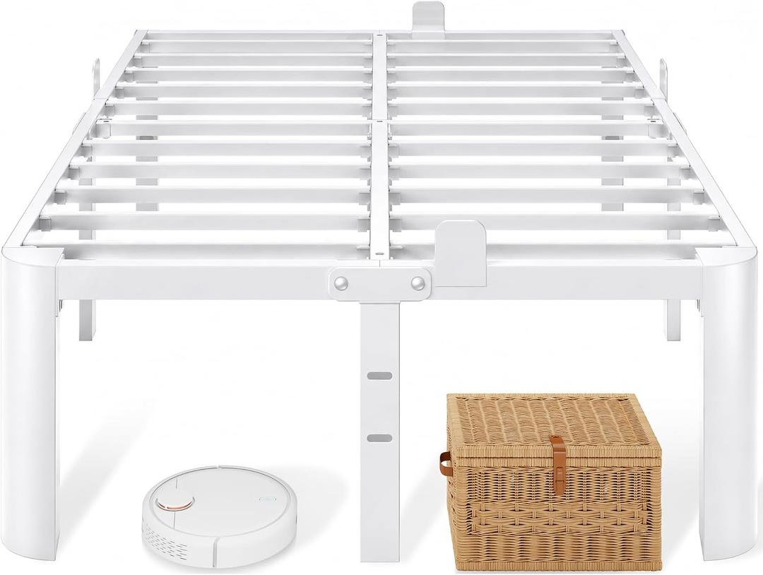 Queen Bed Frame, 14 Inch Metal Platform Bed Frame with Rounded Legs, White