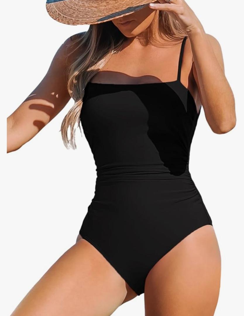 CUPSHE Women Swimsuit One Piece Bathing Suit Square Neck Cutout Back Tummy Control with Adjustable Spaghetti Straps, M, Bla