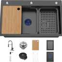 29.5x17.7In Black Kitchen Sink Workstation-Stainless Steel Drop In Single Bowl Double-Ledge Topmount All-in-one Workstation Sink With Faucet,Colander,SS Grid,Cutting Board,Cup Washer,Soap Dispenser