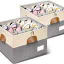 2 Pack Shoe Organizer for Closet, Adjustable Shoe Box Storage Containers, Large Foldable Shoe Bins with Clear Cover, Space Saving Shoes Holder with 4 Handles, Fits 16-32 Pairs, Beige