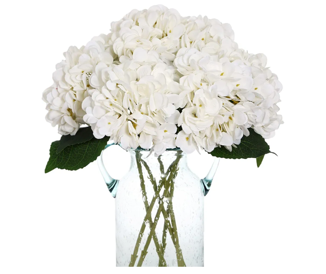 Kimura's Cabin 6pcs Faux White Hydrangeas Fake Flowers Artificial Silk Hydrangea Flower With Stems Bouquets Arrangement for Home Table Centerpieces Wedding Baby Shower Birthday Party Decoration(White)