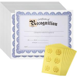 Best Paper Greetings Award Certificate Paper - 48 Sheets, 8.5 x 11 in, Blue Floral Border - Recognition Certificates with Lines & Sections, 48 Gold Foil Seal Stickers