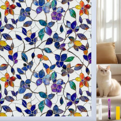 COUNTEWOL Window Privacy Film with Installation Tools Home Decorative Colored Glass Window Stickers Reusable electrostatic Rainbow Stickers (Frosted Stained Leaf, 17.5 x 78.7 in)