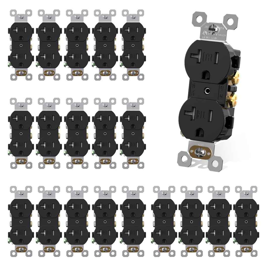 AIDA 20 Amps Outlets Duplex Electrical Receptacle Outlets, Tamper Resistant, Heavy-Duty Receptacle Wall Outlet, Residential, TR, 3-Wire, Self-Grounding Clip, NEMA 5-20R, UL Listed (20 Pack, Black)