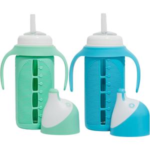 Tabor Place Set of 2 - Glass Sippy Cup for Toddlers - The Luca | Spill-Proof | Silicone Straw | Mint Green & Indigo Purple | 8 oz | Liquids Never Touch Plastic | Removable Handles (blue/green)