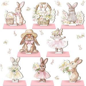Leinuosen 8 Pcs Spring Easter Bunny Wooden Signs Pink Floral Bunnies Wood Table Decor with Base Spring Rabbit Tiered Tray Easter Decorations for Home Party Desk Mantel Tabletop Centerpiece
