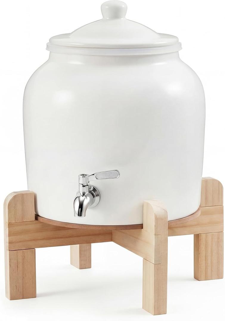 FillTouch Ceramic Water Dispenser Crock Water Dispenser with Wood Stand 304 Stainless Steel Faucet, Valve and Lid for 3 to 5 Gallon Jugs Porcelain Cooler Home Office Indoor Outdoor (White)