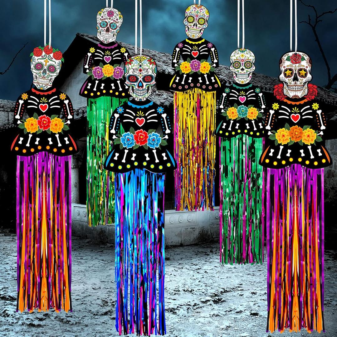 6 Pieces Day of The Dead Decorations 3 Ft Dia De Los Muertos Hanging Sugar Skull Decors Mexican Fiesta Halloween Day of The Dead Party Favor Supplies Dia Muertos Exterior Indoor Home Decor (Novelty)