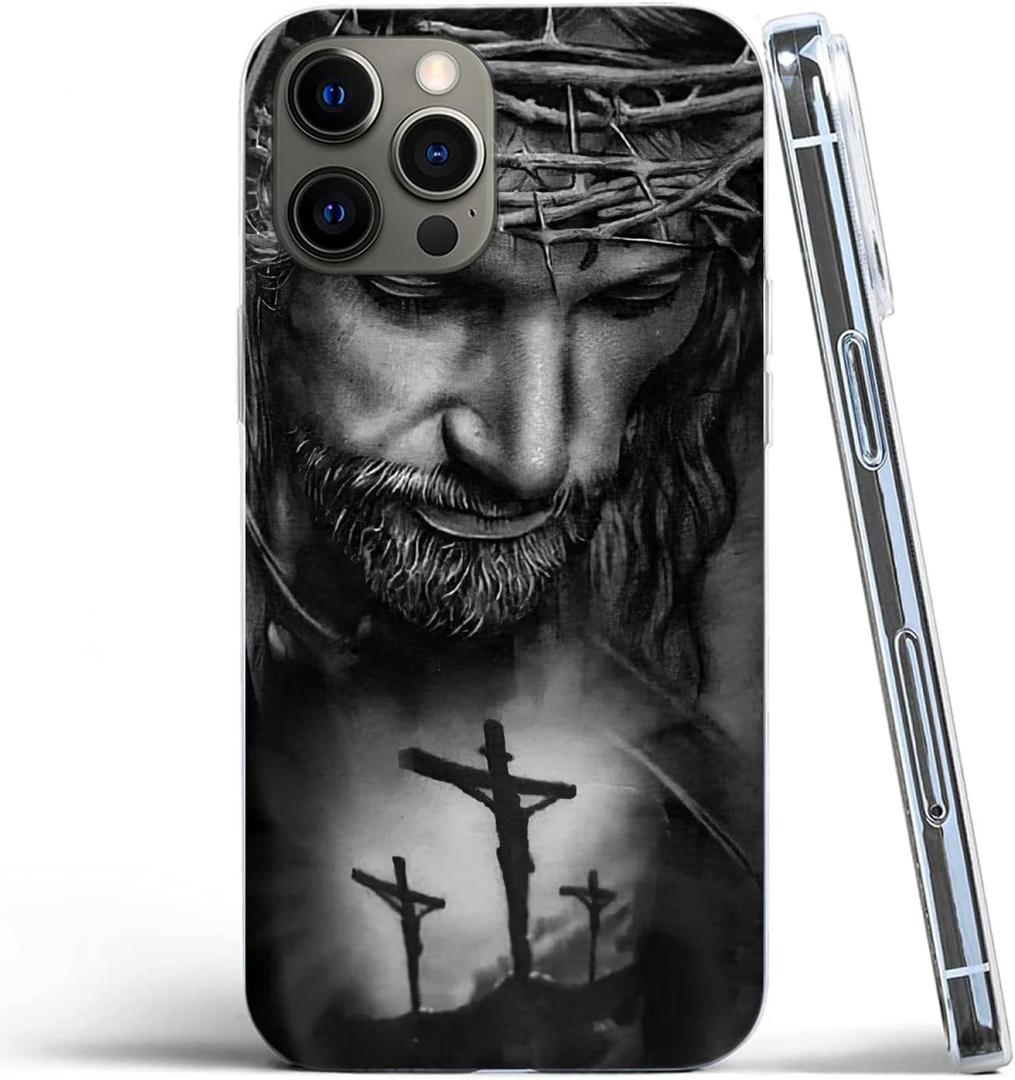 Phone Case Compatible with iPhone 12 Pro Max Jesus Christ Christian with Thorns 3 Crosses TPU Shockproof Protective Phone Cover