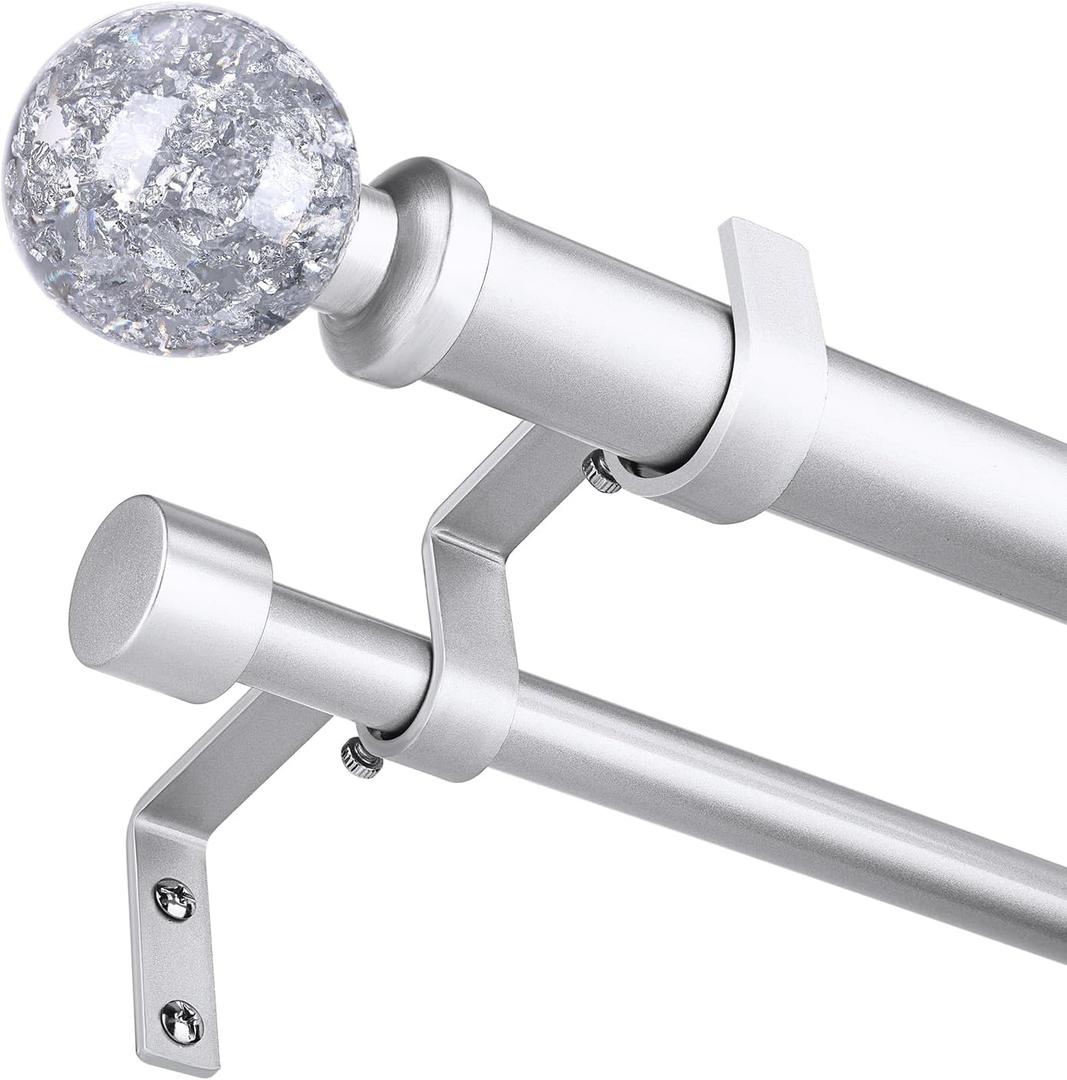 Double Curtain Rod 36-153 Inch, Silver Extra Long Dual Curtain Rods for Windows, Adjustable Heavy Duty Vintage Spliced 1 Inch Window Treatment Rods with Decorative Crystal Foil Finial