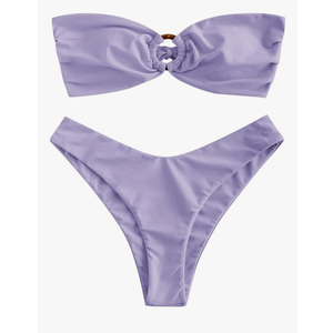 ZAFUL Women's Bandeau Bikini O Ring Strapless Tie Back High Cut Two Piece Swimsuit Bathing Suits, Purple, Size L