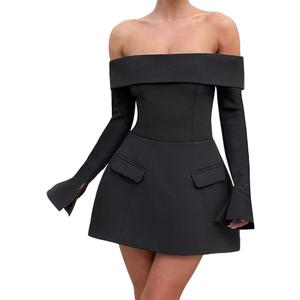Women Sexy Mini Dress Off Shoulder Long Sleeve A Line Dress Short Formal Dresses Party Clubwear, XL