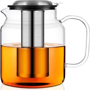 Aquach 68oz Glass Teapot with Stainless Steel Removable Infuser, Stovetop & Dishwasher Safe, Perfect for Brewing Loose Leaf Tea (68 fluid ounces without Thermometer)