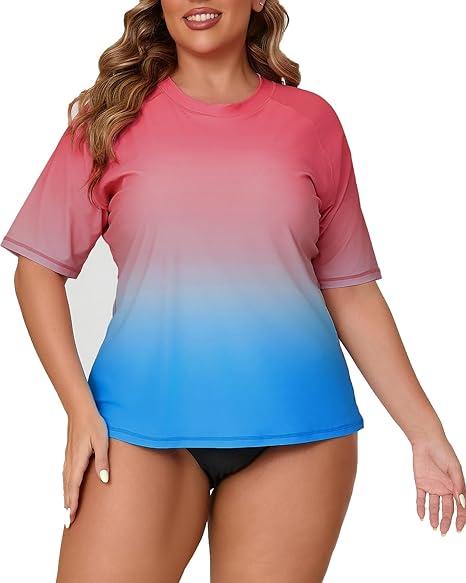 Halcurt Women's Plus Size Short Sleeve Rash Guard Swimsuit Top with Built in Bra Swim Shirt UPF50+ Bathing Suit, Size 4XL