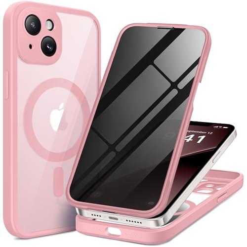 BERFY for iPhone 14 Case, Compatible with MagSafe, Built-in Privacy Screen Protector, Camera Protection, Shockproof Full Body Phone Case 6.1", Clear Pink