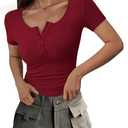 PRETTYGARDEN Women's 2025 Fall Summer Short Sleeve Tops Ribbed Henley Button Slim Fit Basic Casual T Shirts Blouse Clothing (Wine Red,Large)