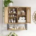 Rattan Bathroom Wall Cabinet, Boho Medicine Wall Cabinet with Double Doors and Adjustable Shelves, Tall Kitchen Wall Mounted Storage Cabinet, Floating Space Saver Over Toilet, Natural