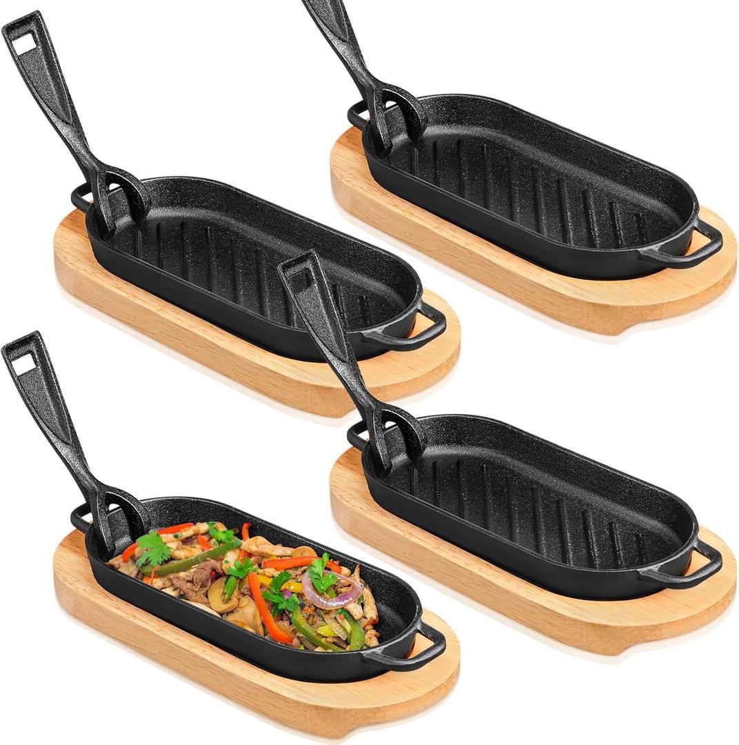 4 Pcs Cast Iron Fajita Skillet Pan Set Sizzling Steak Plate with Wooden Base and Removable Handle Cast Iron Grill Frying Pan for Home Restaurant Kitchen Cooking (8.66 x 4.33 Inch)