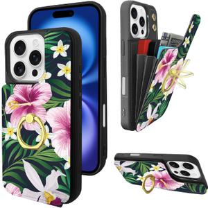 TopPerfekt Compatible with iPhone 16 Pro Wallet Case with Card Holder, 360 Rotation Finger Ring Holder Kickstand Protective RFID Blocking PU Leather Pattern Double Buttons Flip 6.3" Florals Green