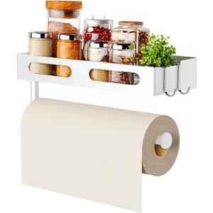 Paper Towel Holder Wall Mount for Kitchen, Paper Towel Holder with Shelf for Bathroom, RV Paper Towel Rack with 2 Hooks, White