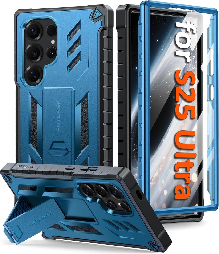 FNTCASE for Samsung Galaxy S25-Ultra Case: with [Built-in Screen Protector & Kickstand] [Military-Grade Drop Protection] Heavy Duty Protective Full Body Shockproof Rugged Sturdy TPU Phone Cover Blue