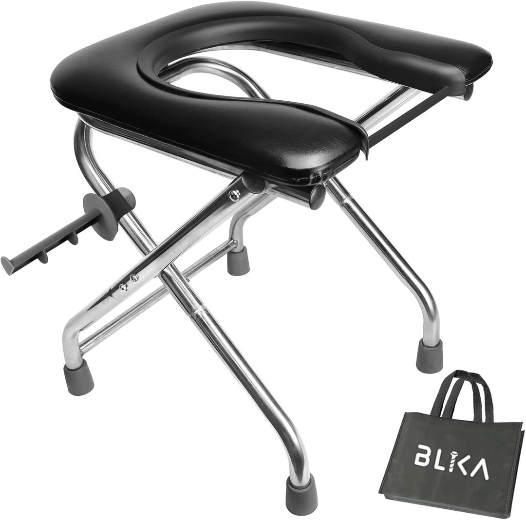 BLIKA Portable Toilet for Camping, 350LBS Stainless Steel Foldable Camp Travel Toilet with Soft Seat for Adults, 16.5-Inch Portable Toilet for Truckers, Camping, RV Travel, Road Trips, Outdoor Use