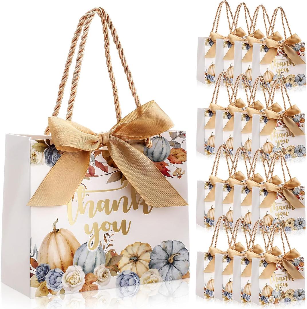 Kolldenn 40 Pcs Small Thank You Gift Bags 5.5 x 2.4 x 4.7 Thanksgiving Paper Pumpkin Bags with Bow Ribbon for Business Autumn Wedding Birthday Christmas Party Decoration Favors(Fresh)